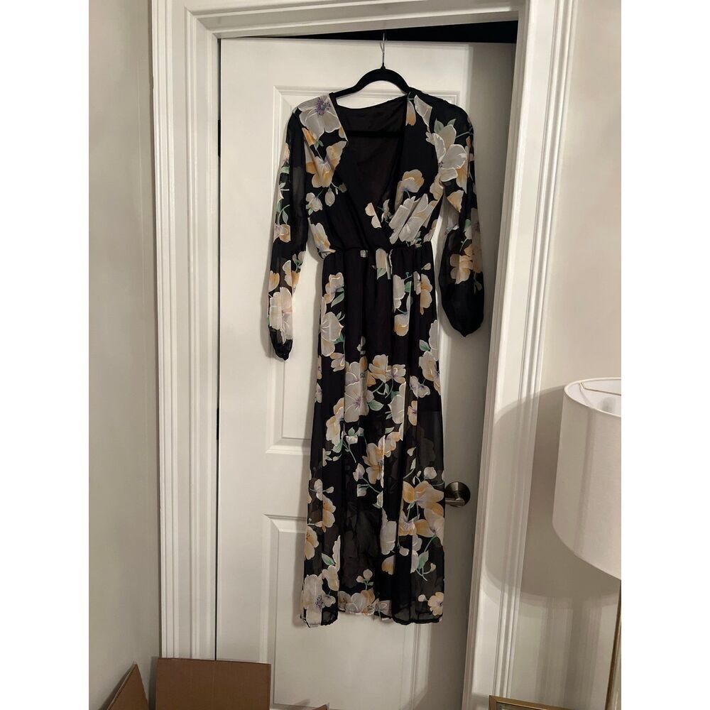 Floral Print Black Maxi Dress Vacation Resort-wear XL